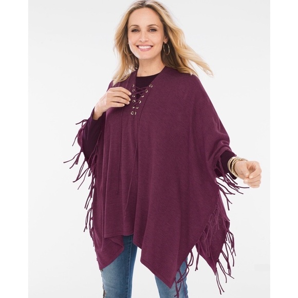 CHICO’S Lace Up Fringe Poncho in Monrovia - Picture 1 of 7